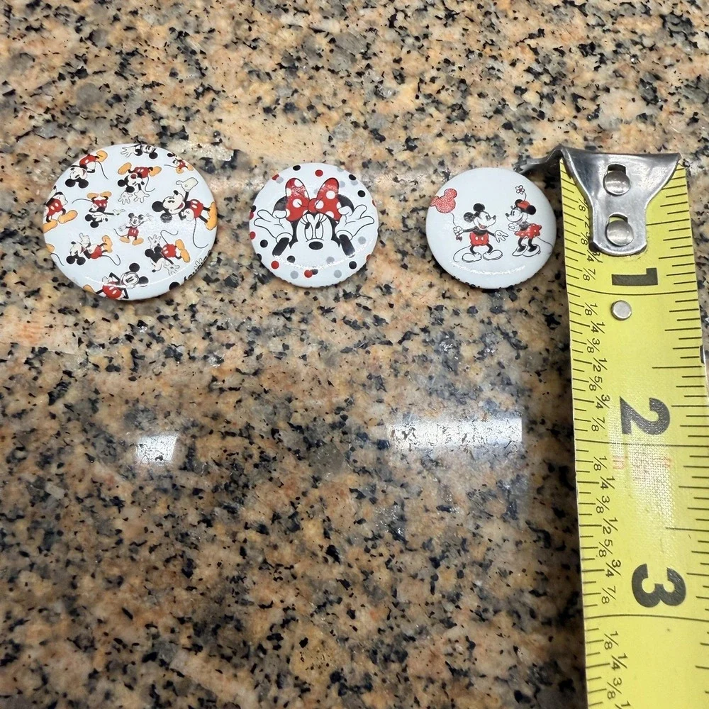 Disney Mickey Minnie Mouse Button Pins Set Of 3 White Red Black Polka Dot Round